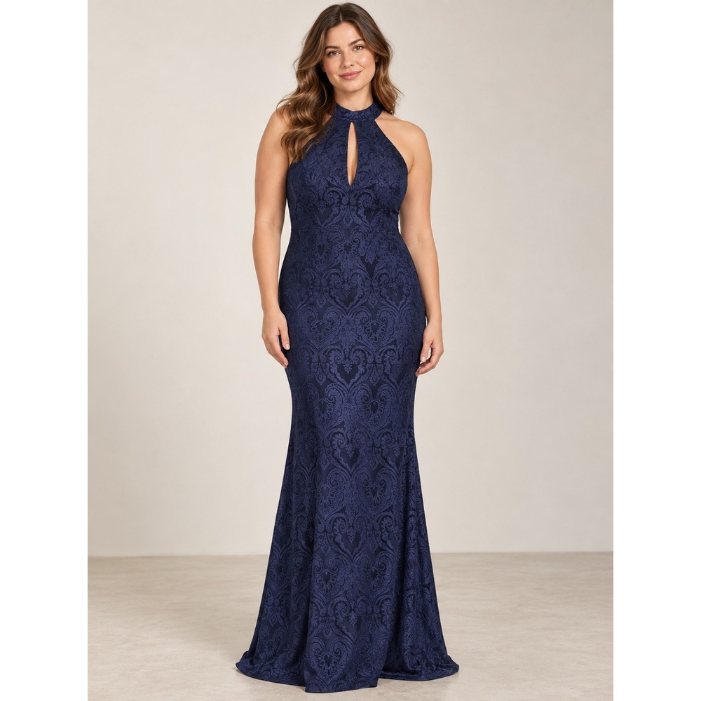 Xtaren Navy Blue Flocked Damask Halter Keyhole Maxi Dress XA17039P8 L NWT